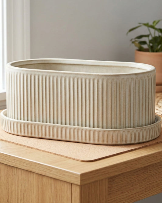 Ymxnd Lowvale Oval Ceramic Planter 10 in Oatmeal with Tray - Lifestyle view