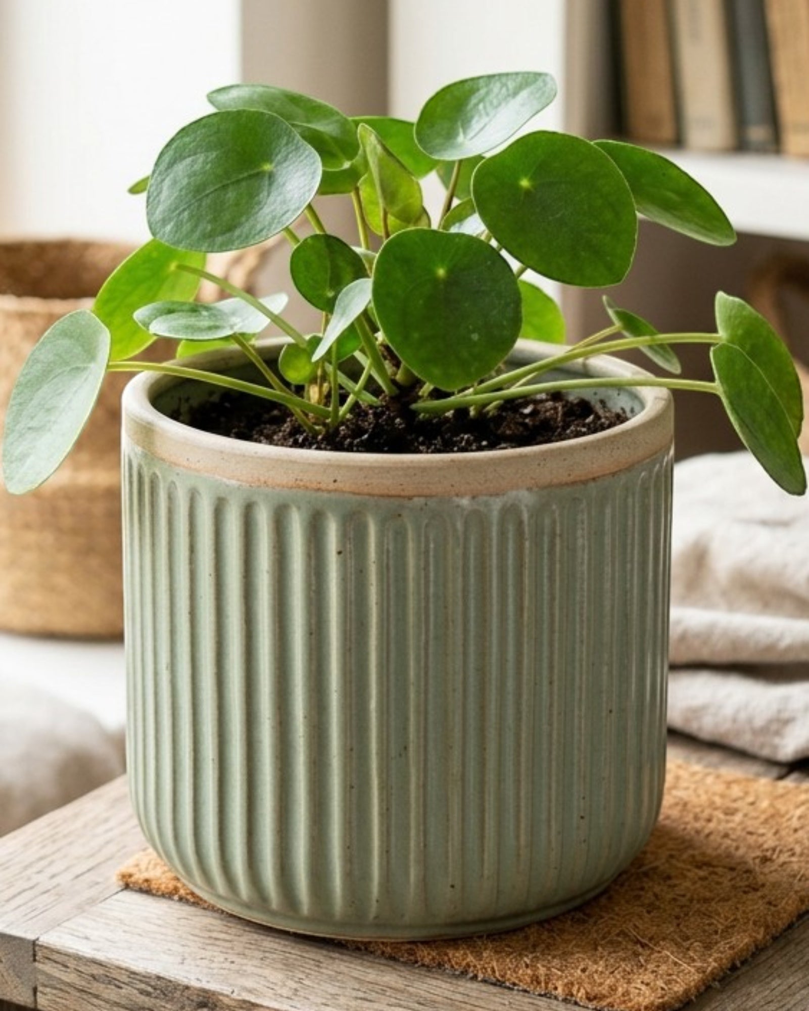 Ymxnd Ribbed Ceramic Planter Indoor 8 in Sage Green