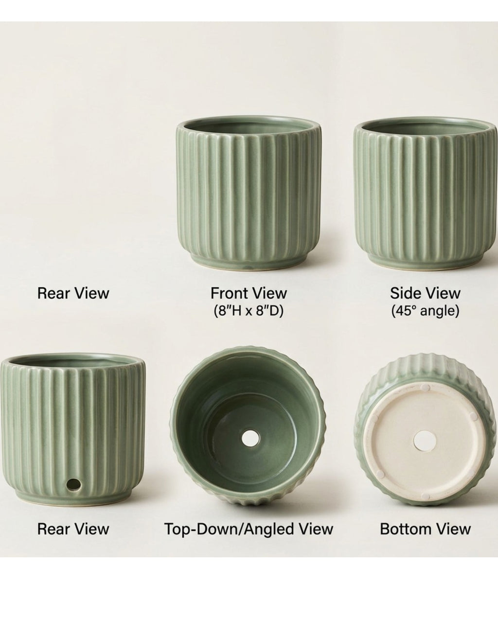 Ymxnd Ribbed Ceramic Planter Indoor 8 in Sage Green