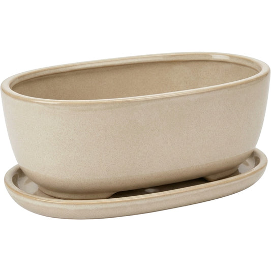 Ymxnd Lowvale Oval Ceramic Planter 10 in Oatmeal with Tray - Product view