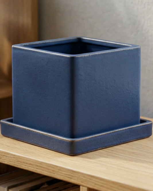 Ymxnd Squarecroft Ceramic Planter 6 in Matte Navy with Saucer - Lifestyle view