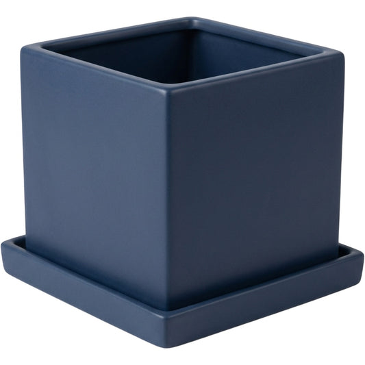 Ymxnd Squarecroft Ceramic Planter 6 in Matte Navy with Saucer - Product view